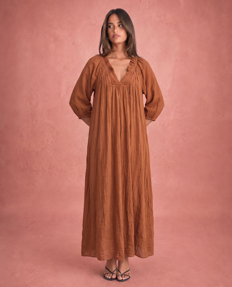 Amelia | V-Neck Ruched Bodice Wide Sleeve Chiffon Maxi Dress
