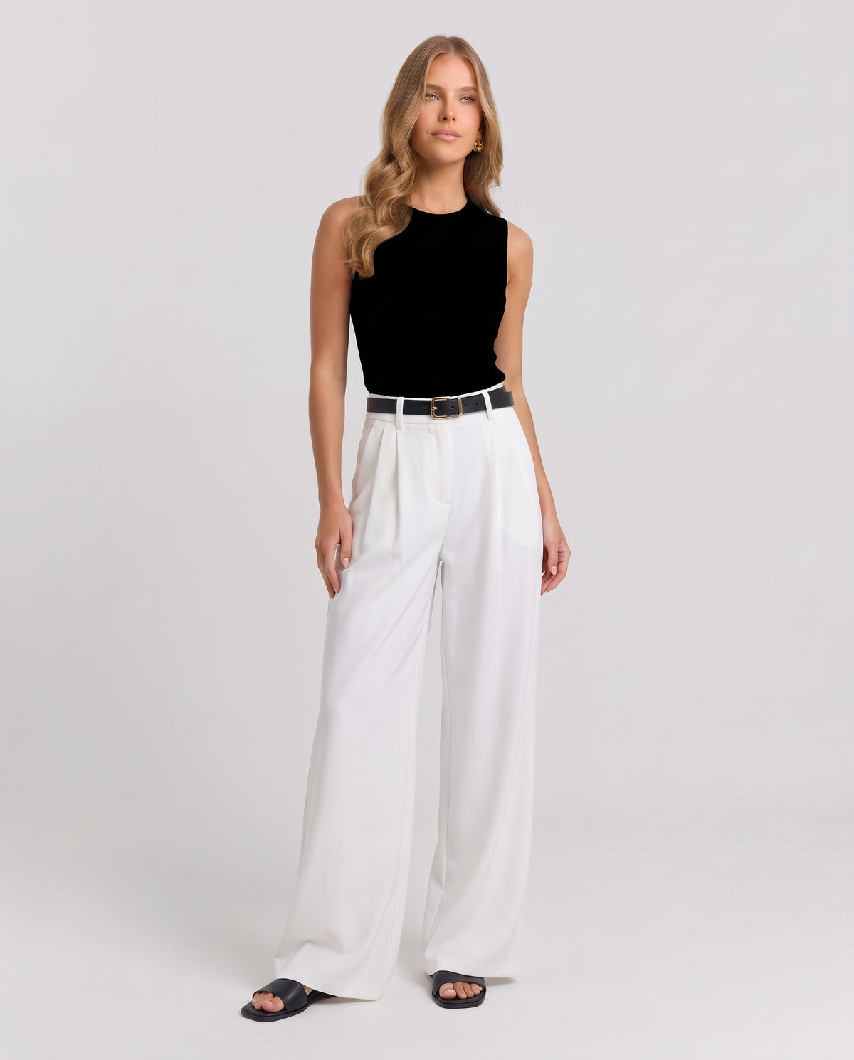 Brigitta | Women's High Waisted Pleated Wide Leg Trousers White and Black