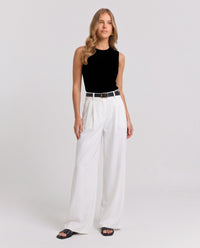 Brigitta | Women's High Waisted Pleated Wide Leg Trousers White and Black