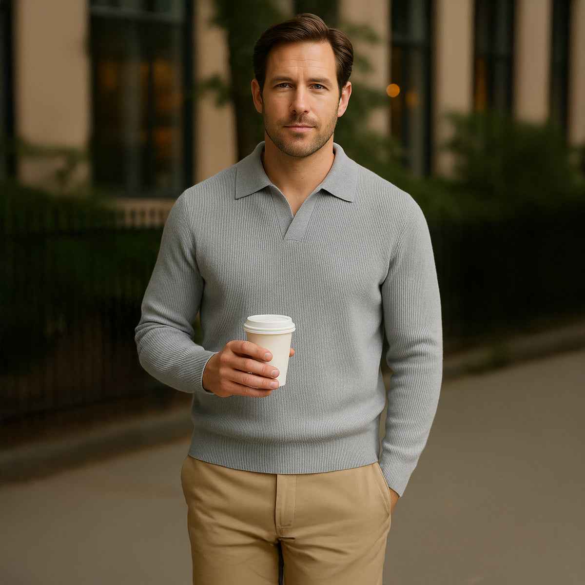 Enzo | Men's Knitted Long Sleeve Open Collar Polo Jumper
