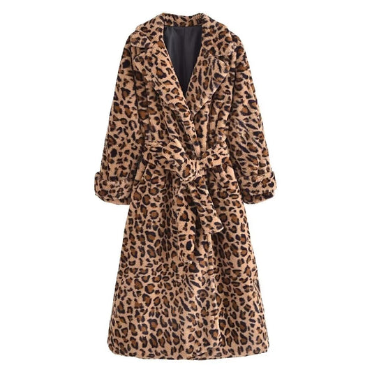 Alma | Winter Long Faux Fur Leopard Print Coat Brown Fluffy