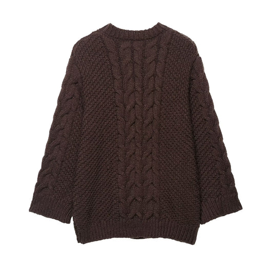 Alma | Knitted Sweater Cable Knit Brown Crew Neck