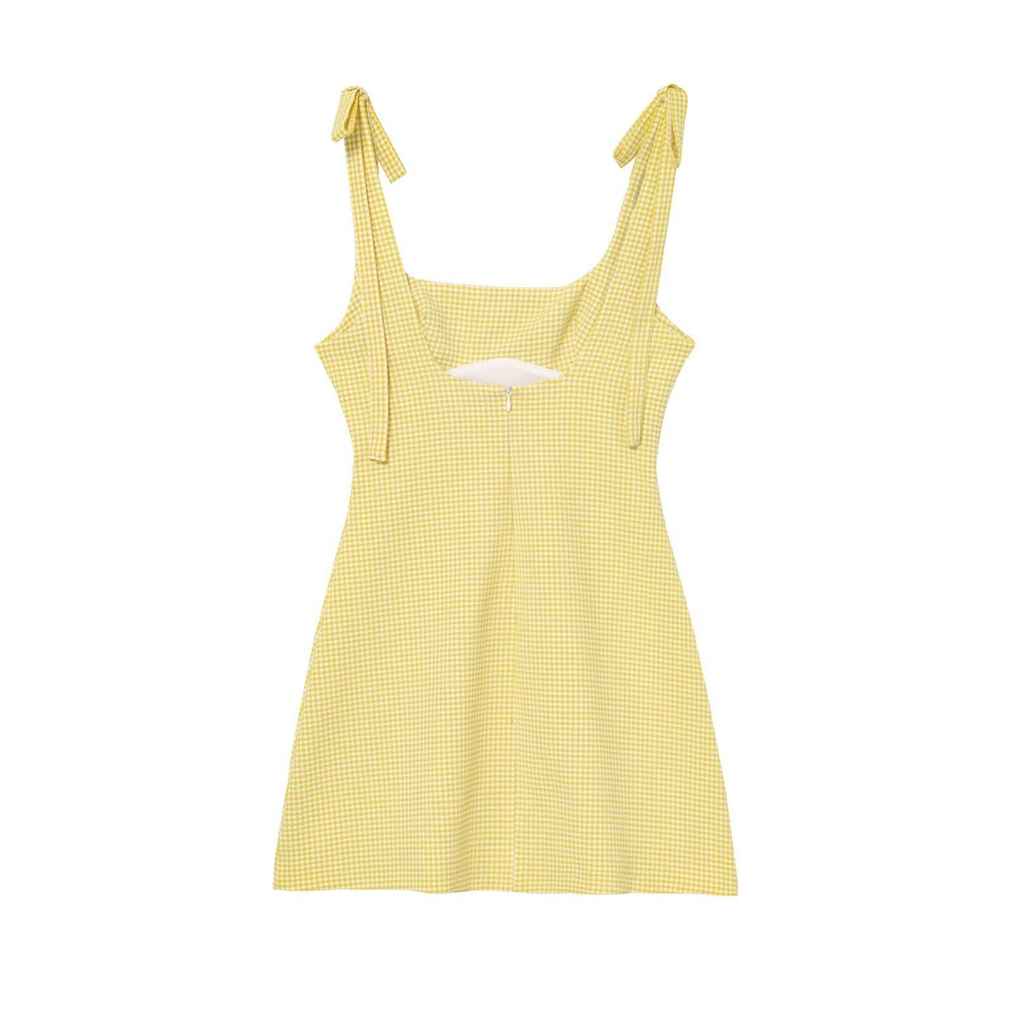 Camille | Square Neck Mini Dress Yellow Gingham Tie Shoulder