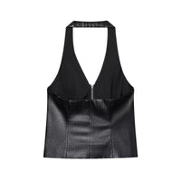 Arabella | Faux Leather Zip-Front Corset Halter Top