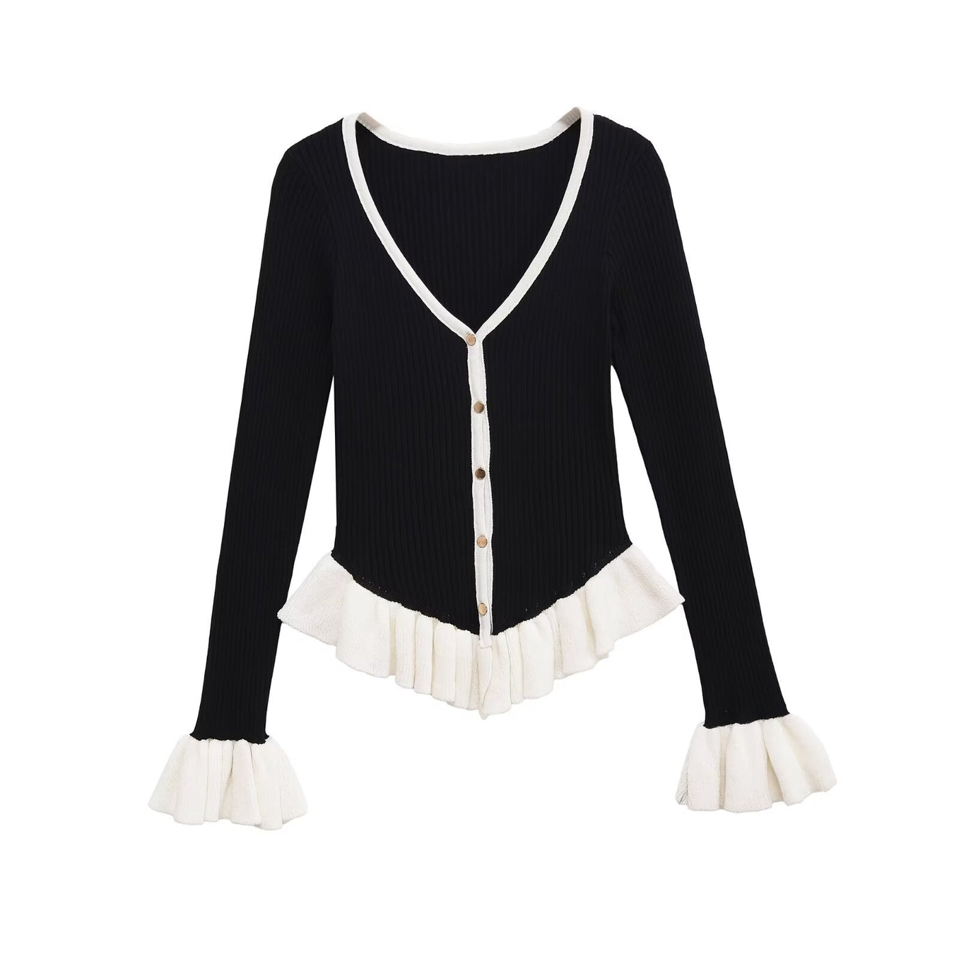 Harper | V-Neck Contrast Peplum Hem Ruffle Cuff Button Front Fitted Ribbed Knit Top