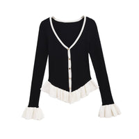 Harper | V-Neck Contrast Peplum Hem Ruffle Cuff Button Front Fitted Ribbed Knit Top