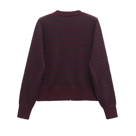 Vera | Striped Crew Neck Cardigan Burgundy Long Sleeve Fitted