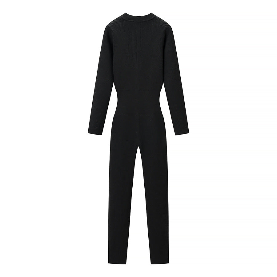 Mabel | Ribbed Knit Long Sleeve Bodycon Jumpsuit in Beige & Black