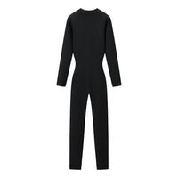 Mabel | Ribbed Knit Long Sleeve Bodycon Jumpsuit in Beige & Black