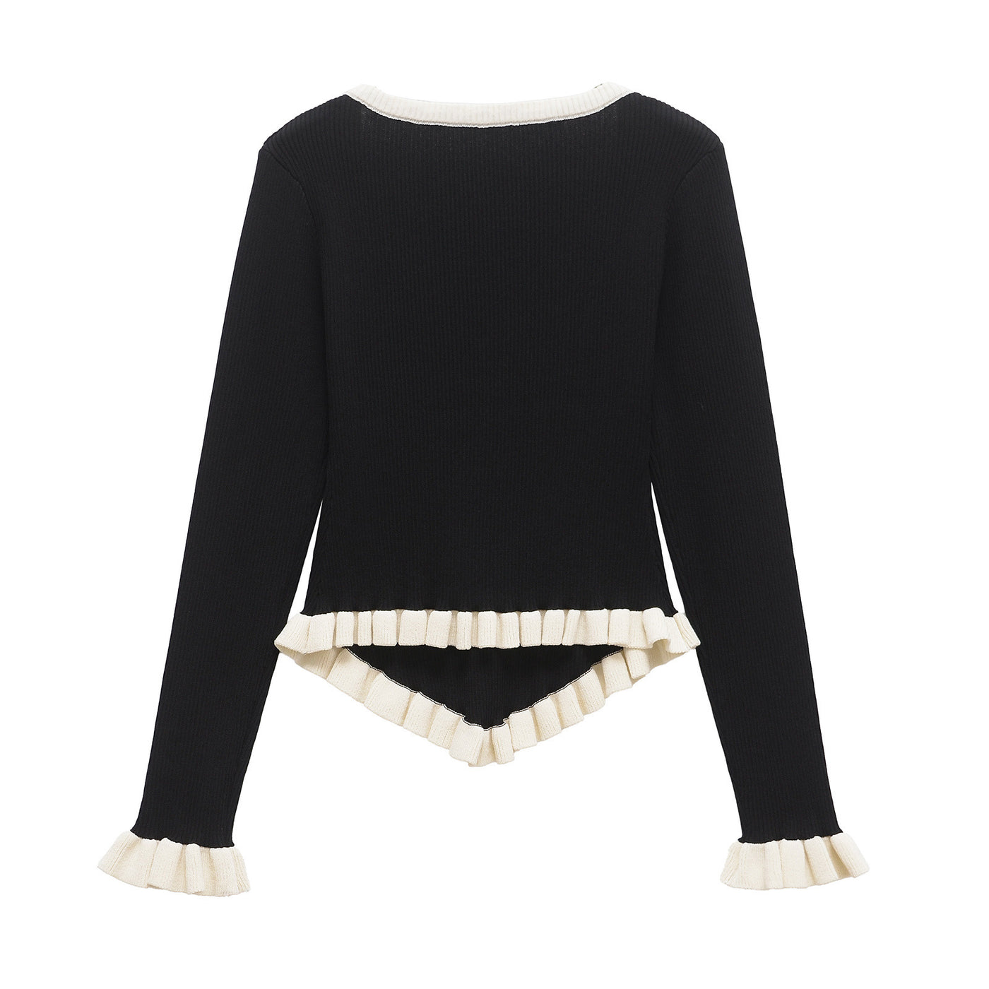Heidi | V-Neck Contrast Trim Ruffle Cuff Hem Ribbed Knit Top