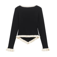 Heidi | V-Neck Contrast Trim Ruffle Cuff Hem Ribbed Knit Top