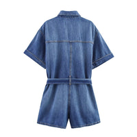 Alyssa | Collared Button Front Self-Tie Belt Short Sleeve Denim Shorts Romper in Blue