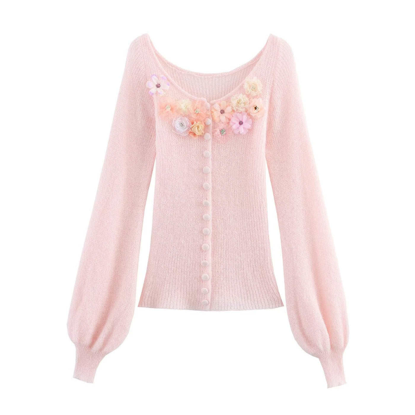 Maisie | Floral Embellishment Balloon Sleeve Scoop Neck Button Front Knit Cardigan