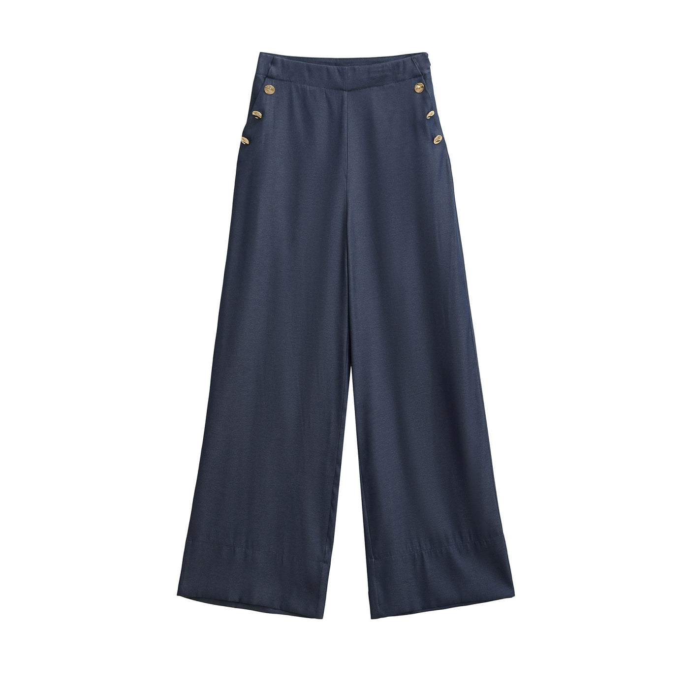 Primrose | High-Rise Gold Button Detail Wide-Leg Linen Trousers in Navy
