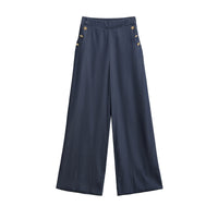 Primrose | High-Rise Gold Button Detail Wide-Leg Linen Trousers in Navy