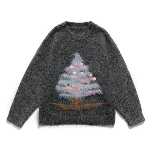 Freya | Winter Knitted Sweater Grey Christmas Tree Embellished