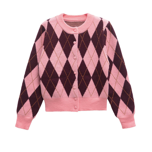 Zoe | Casual Argyle Knitted Cardigan Pink Brown Long Sleeve