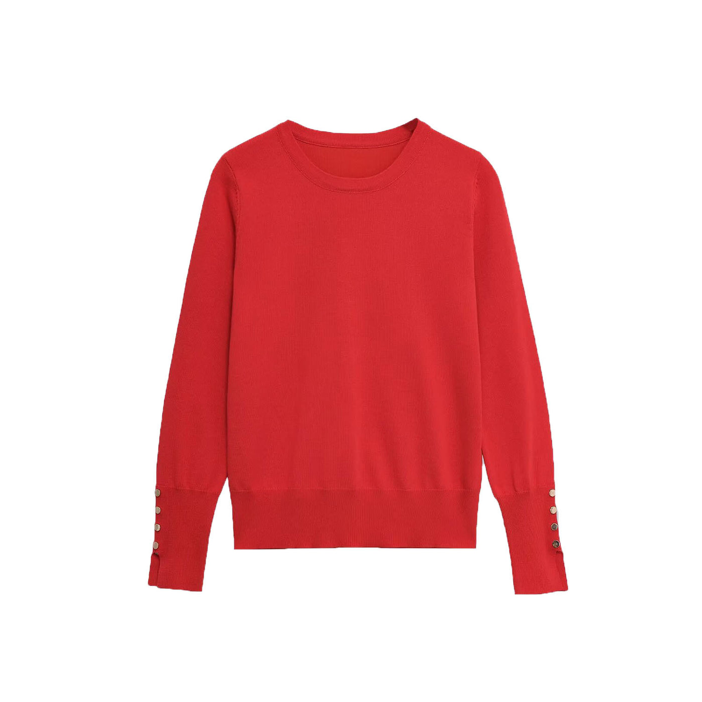 Bella | Gold Button Cuff Crew Neck Long Sleeve Fitted Lightweight Knit Top