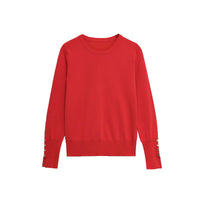 Bella | Gold Button Cuff Crew Neck Long Sleeve Fitted Lightweight Knit Top
