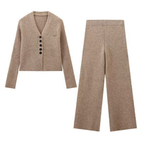 Lara | V-Neck Cardigan Ribbed Knit Wide Leg Co-ord Set