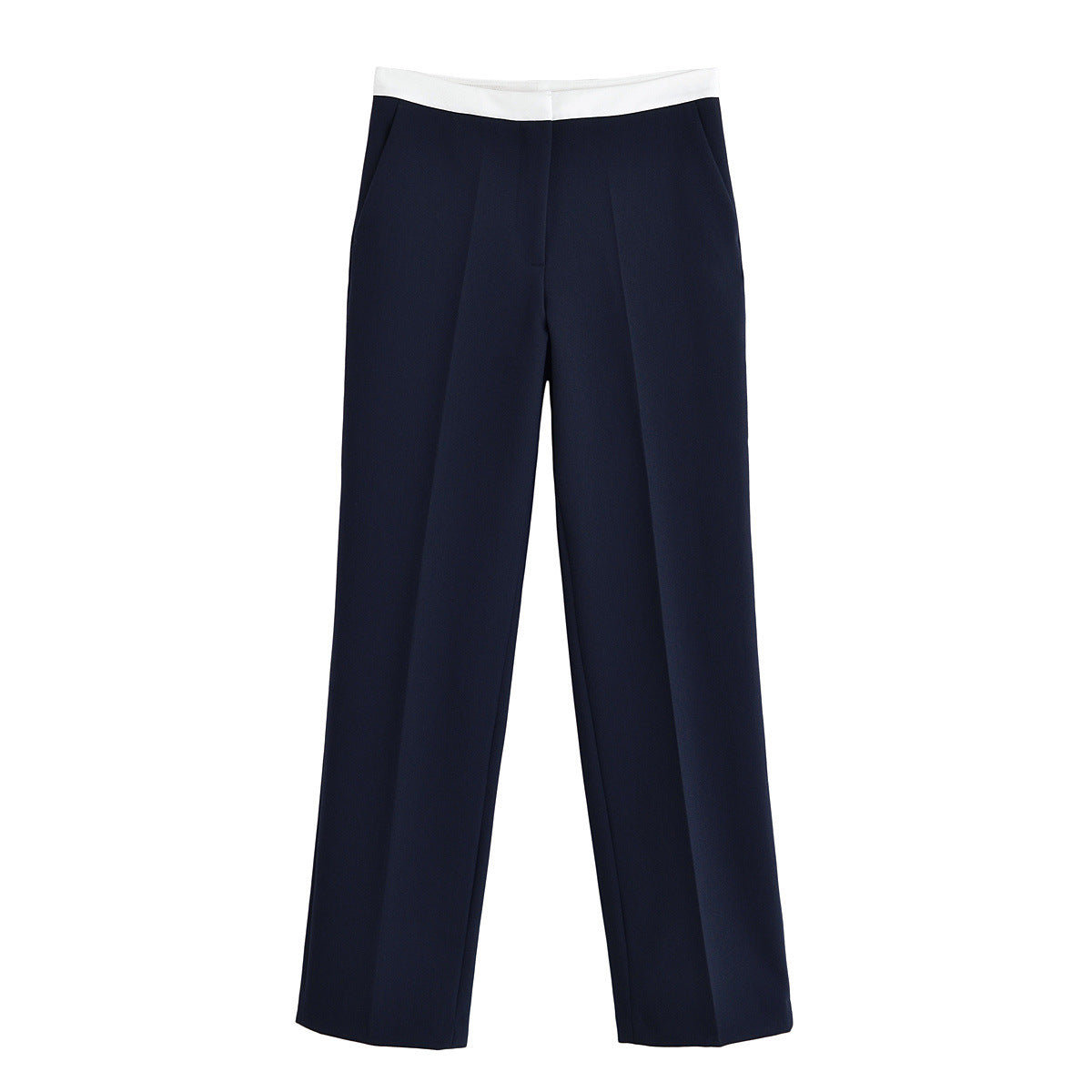 Poppy | Contrast Waistband High-Rise Front Crease Wide-Leg Trousers in Navy