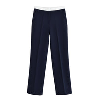 Poppy | Contrast Waistband High-Rise Front Crease Wide-Leg Trousers in Navy
