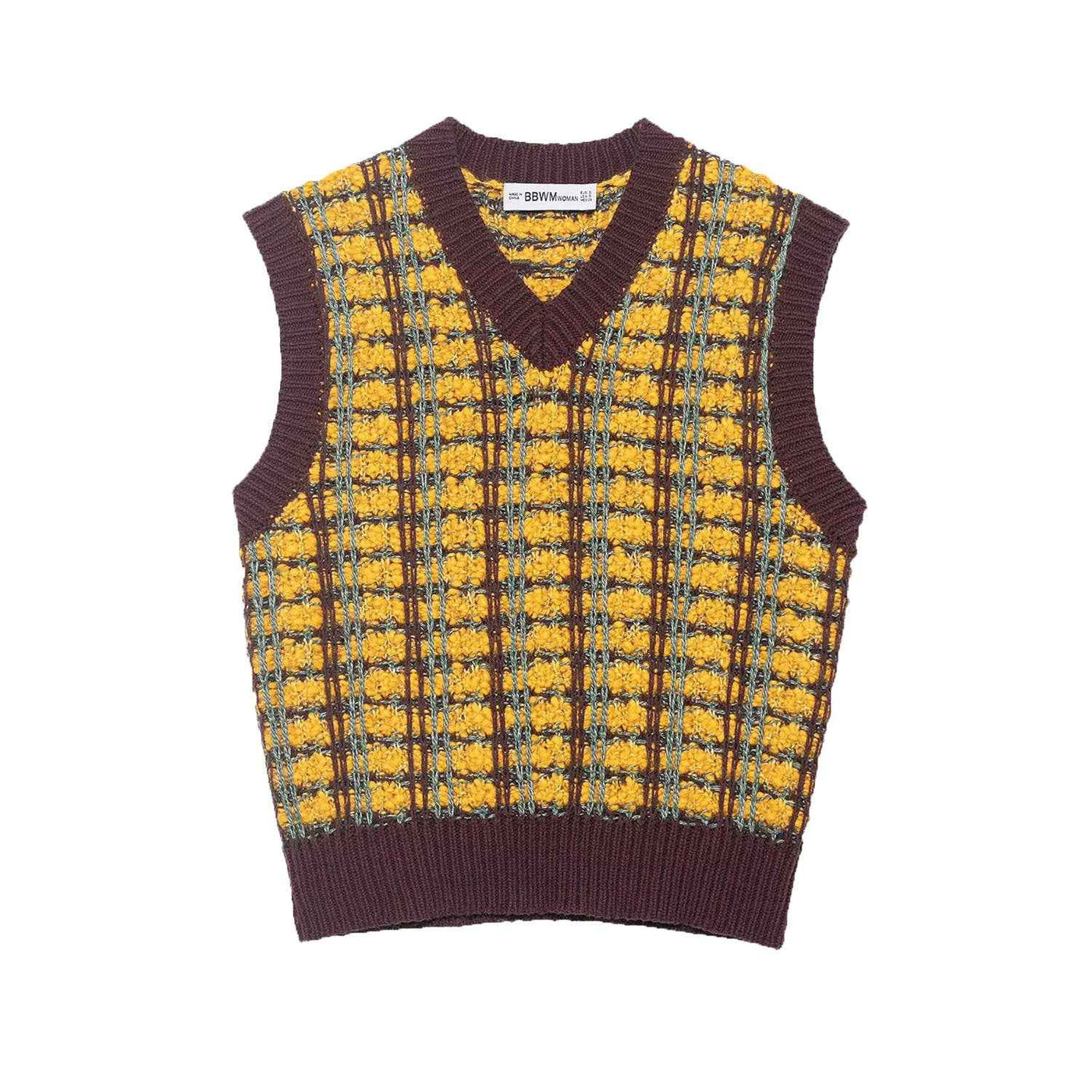 Sia | Knitted Vest Top Yellow Purple Sleeveless V Neck Check Pattern