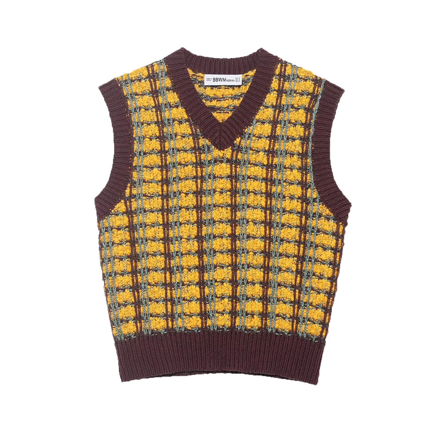 Sia | Knitted Vest Top Yellow Purple Sleeveless V Neck Check Pattern