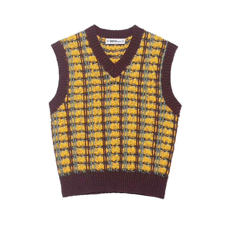 Sia | Knitted Vest Top Yellow Purple Sleeveless V Neck Check Pattern
