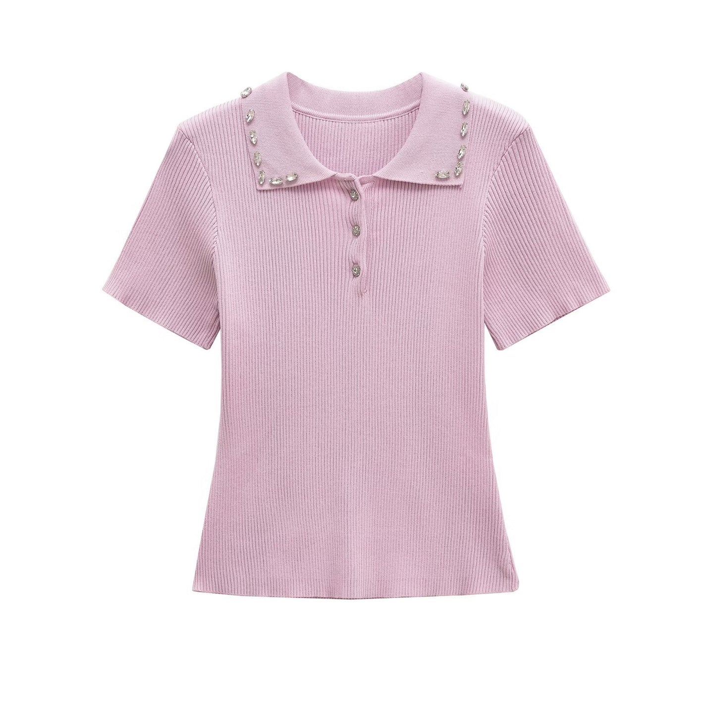 Olivia | Elegant Ribbed Knit Rhinestone Collar Polo Top