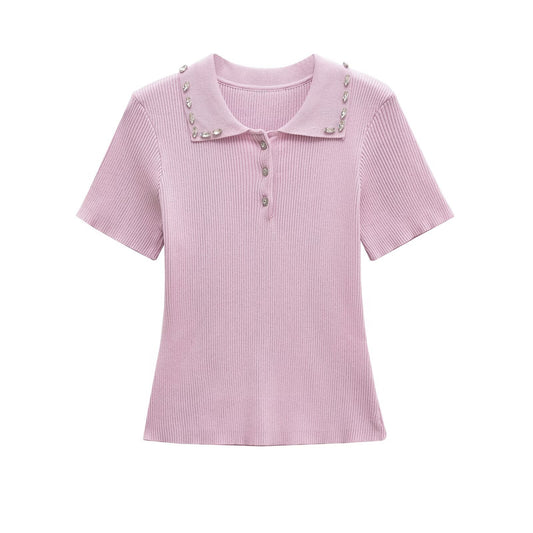 Olivia | Elegant Ribbed Knit Rhinestone Collar Polo Top