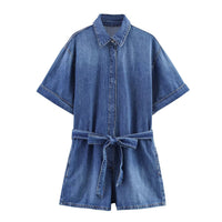 Alyssa | Collared Button Front Self-Tie Belt Short Sleeve Denim Shorts Romper in Blue