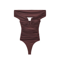 Tilly | Off-Shoulder V-Plunge Ruched Top in Brown