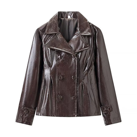 Cleo | Faux Leather Jacket Brown Double Breasted Long Sleeve