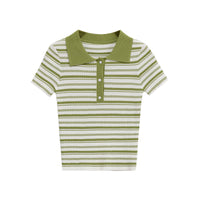 Phoebe | Striped Ribbed Knit Polo Crop Top