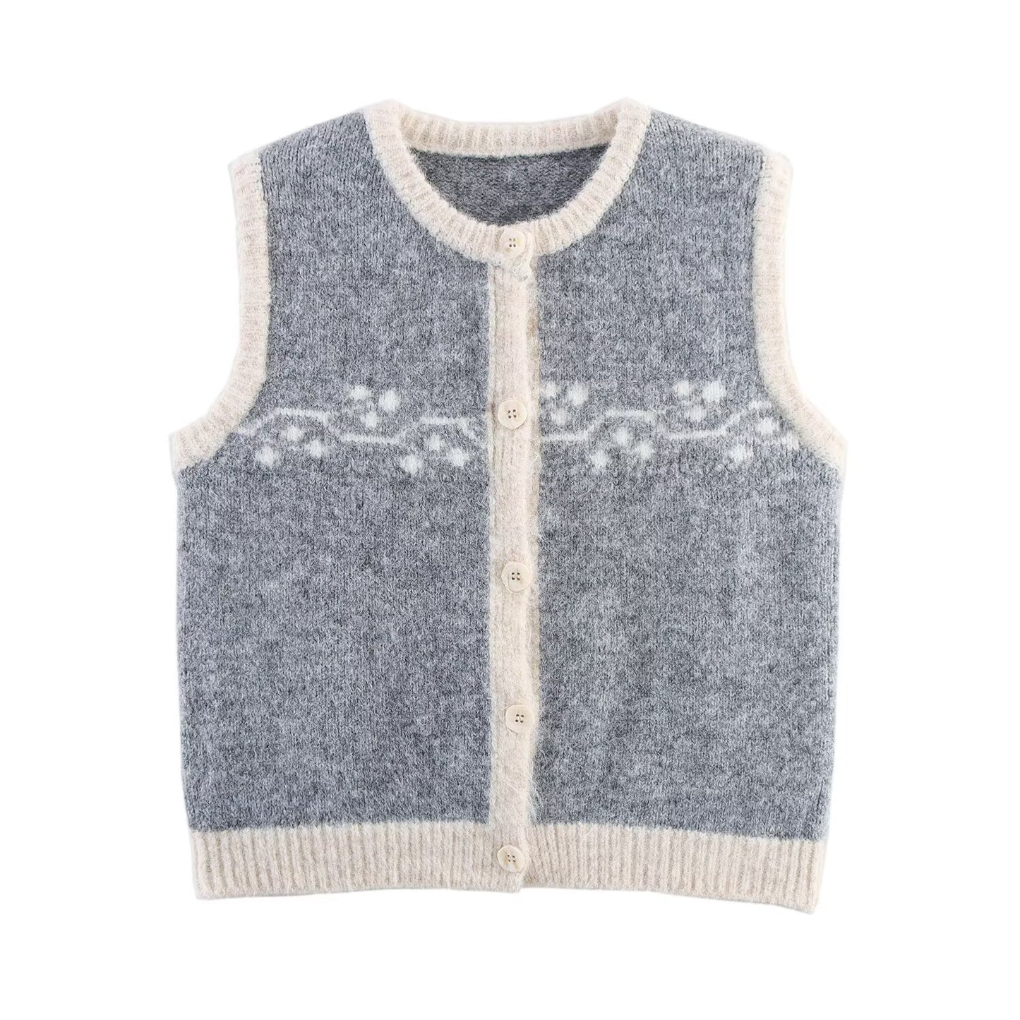 Sia | Sleeveless Blazer Grey Cream Knitted Button Front Vest