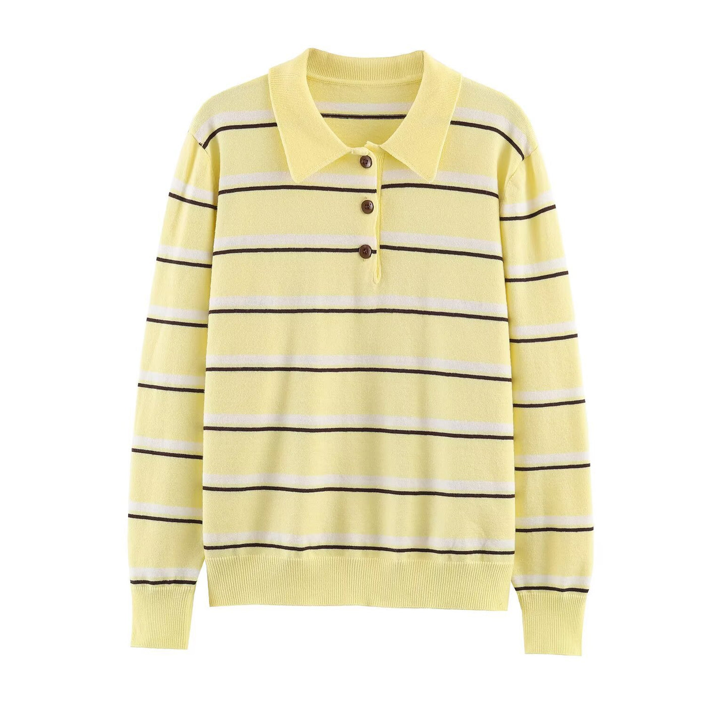 Iris | Striped Long Sleeve Polo Knit Top in Yellow & Dark Brown