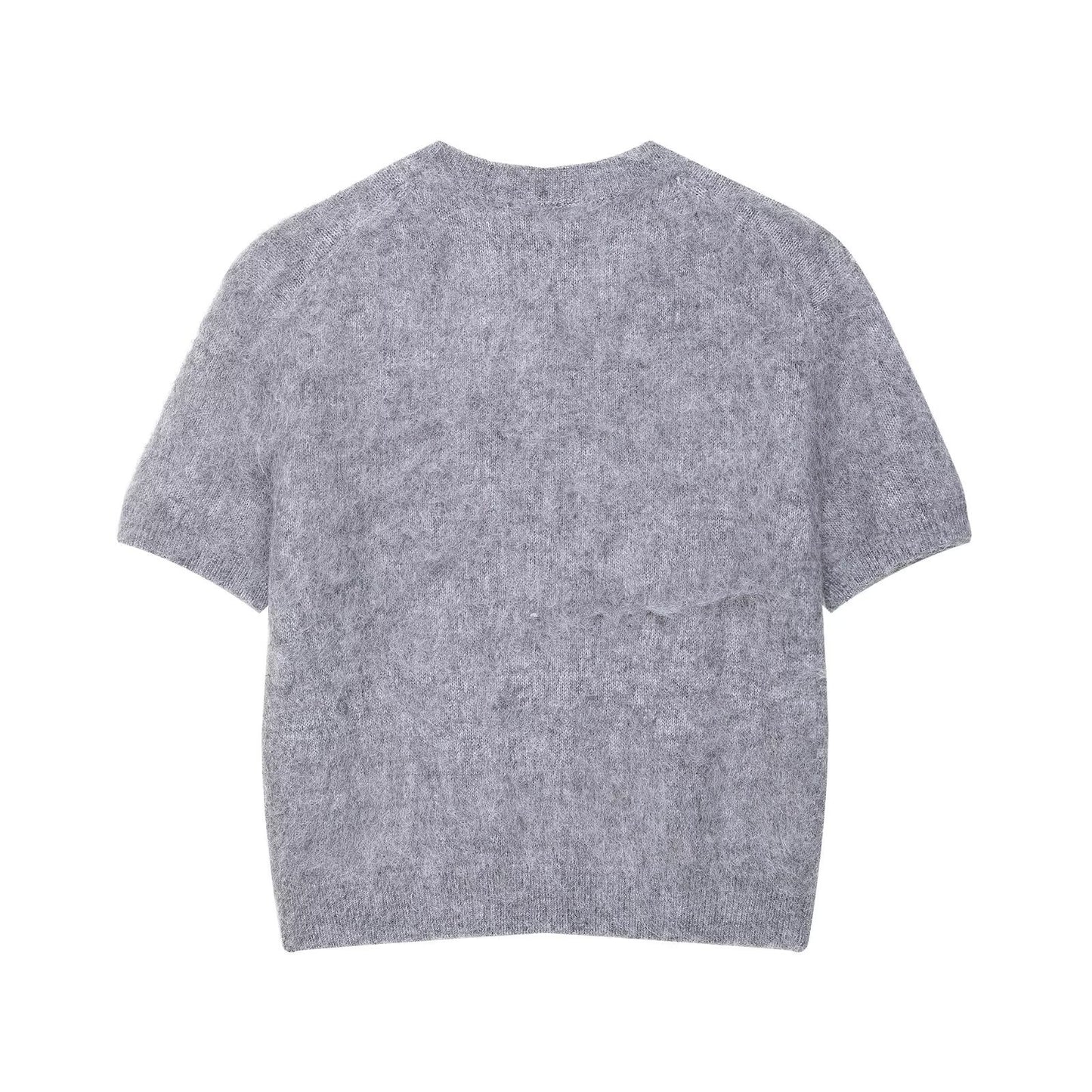 Mia | Fluffy Knitted Top Grey Short Sleeve Crew Neck
