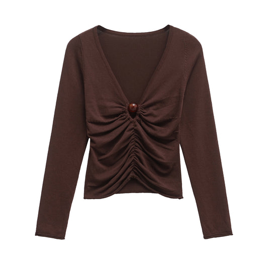 Fawn | Ruched Long Sleeve Top Brown V Neck