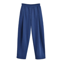 Faye | Elasticated Waist Stitched Pleat Wide-Leg Jersey Trousers in Blue, Brown and Khaki
