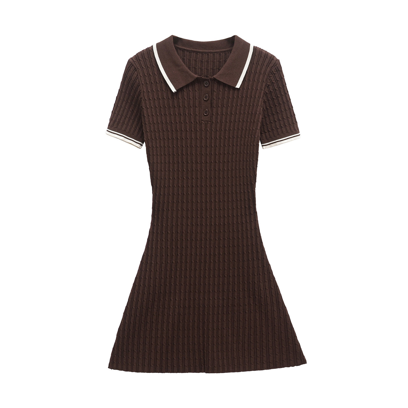 Una | Polo Collar Cable Knit White Tipped Button Placket A-Line Knitted Mini Dress