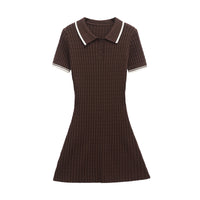 Una | Polo Collar Cable Knit White Tipped Button Placket A-Line Knitted Mini Dress