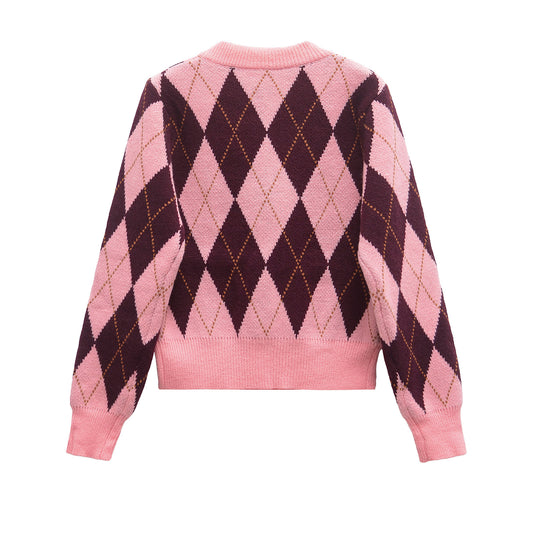 Zoe | Casual Argyle Knitted Cardigan Pink Brown Long Sleeve