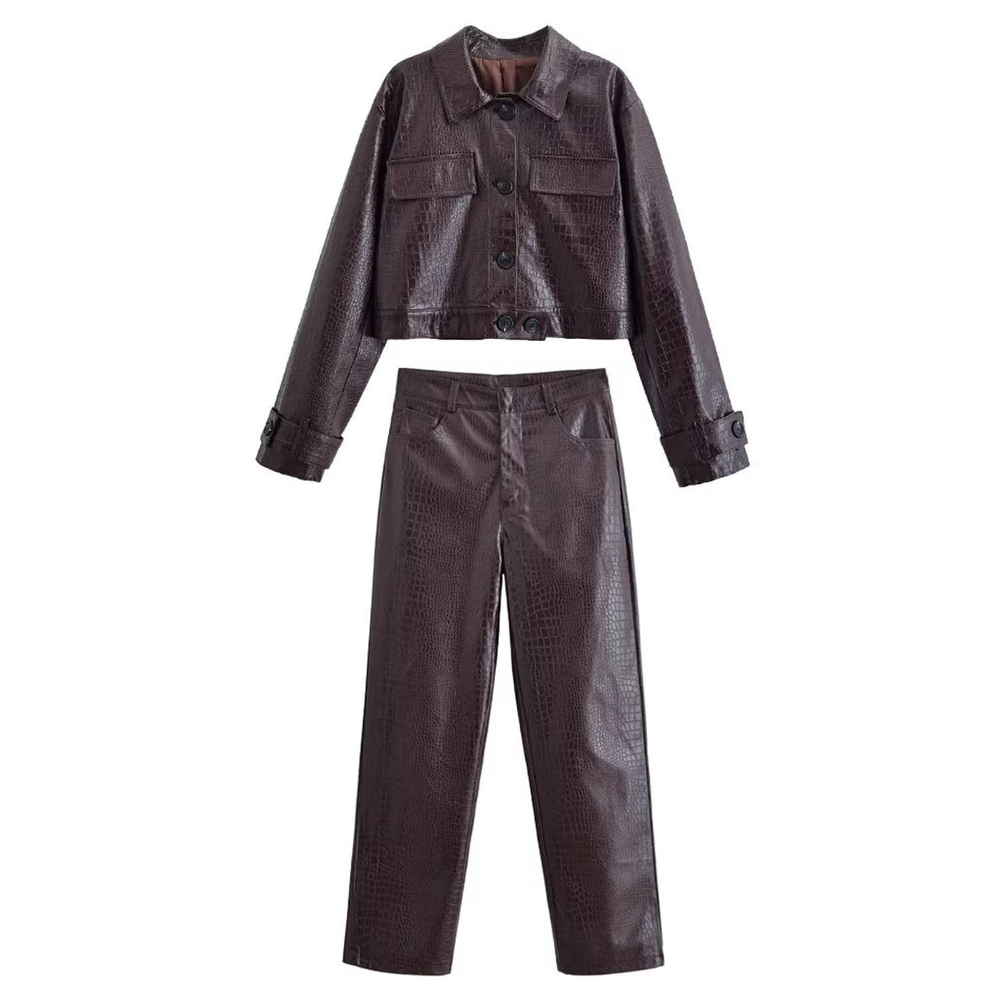 Maisie | Croc Embossed Faux Leather Jacket Trousers Set