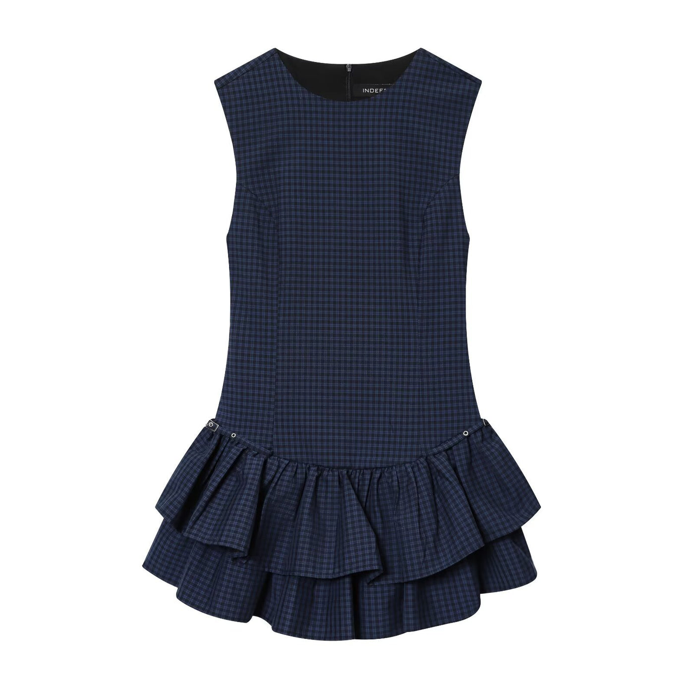 Olivia | Crew Neck Tiered Ruffle Eyelet Detail Checked Mini Dress