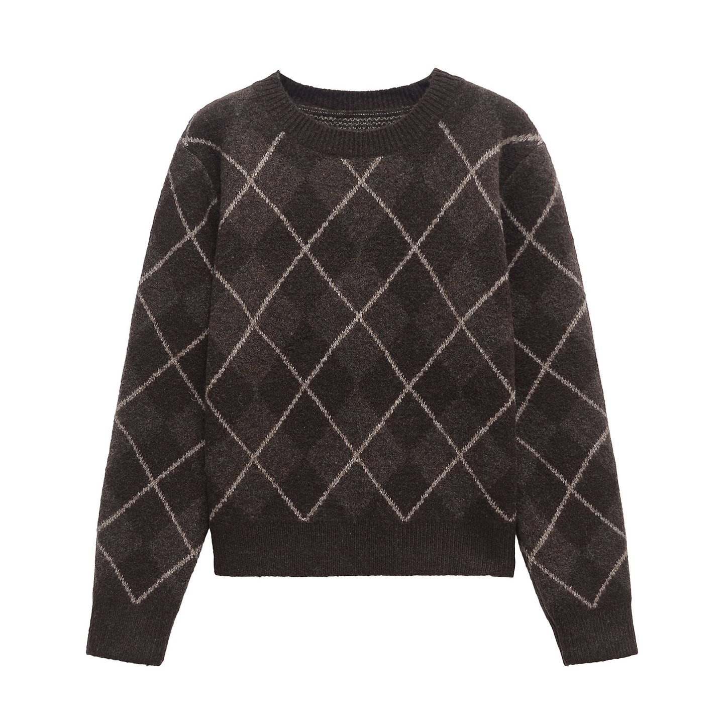 Vera | Preppy Argyle Sweater Brown Crew Neck
