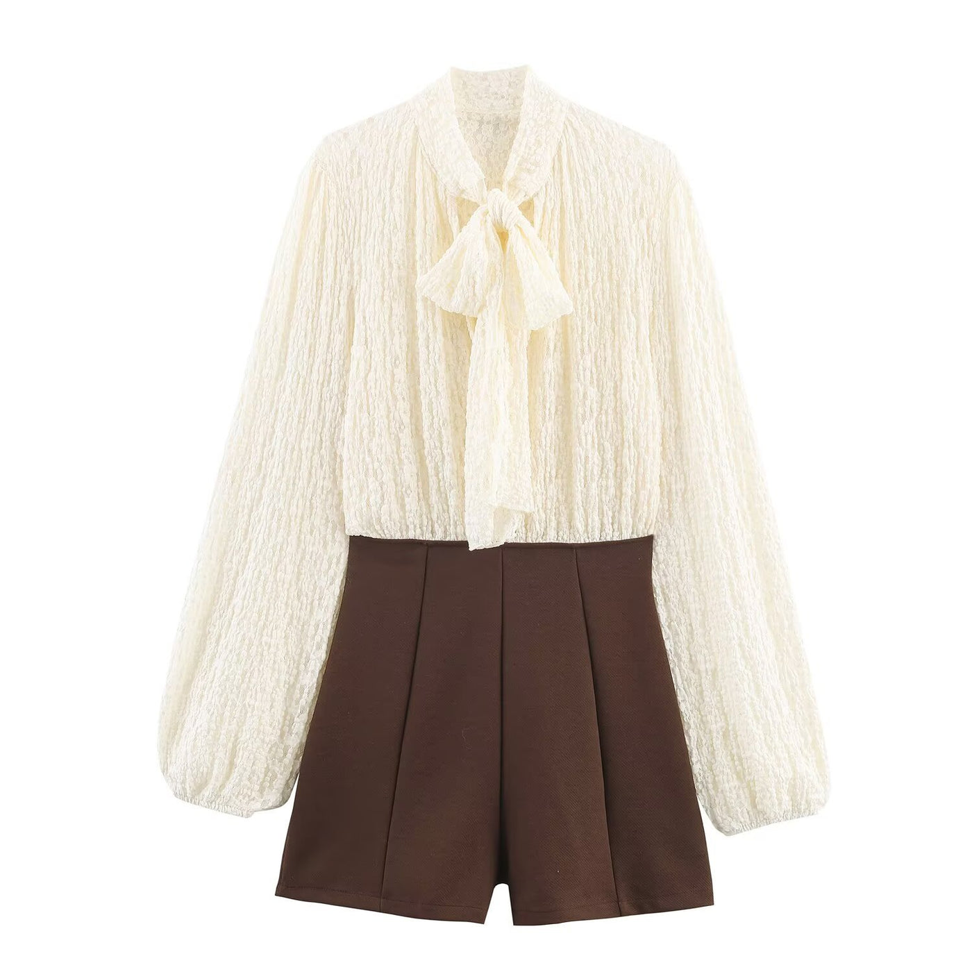 Astrid | Pussy-Bow Puff Shoulder Gathered Cuff Crinkle Chiffon Blouse in Cream