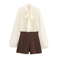 Astrid | Pussy-Bow Puff Shoulder Gathered Cuff Crinkle Chiffon Blouse in Cream