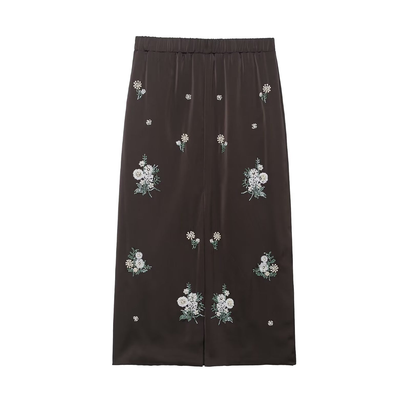 Matilda | Floral Embroidered Satin Midi Skirt