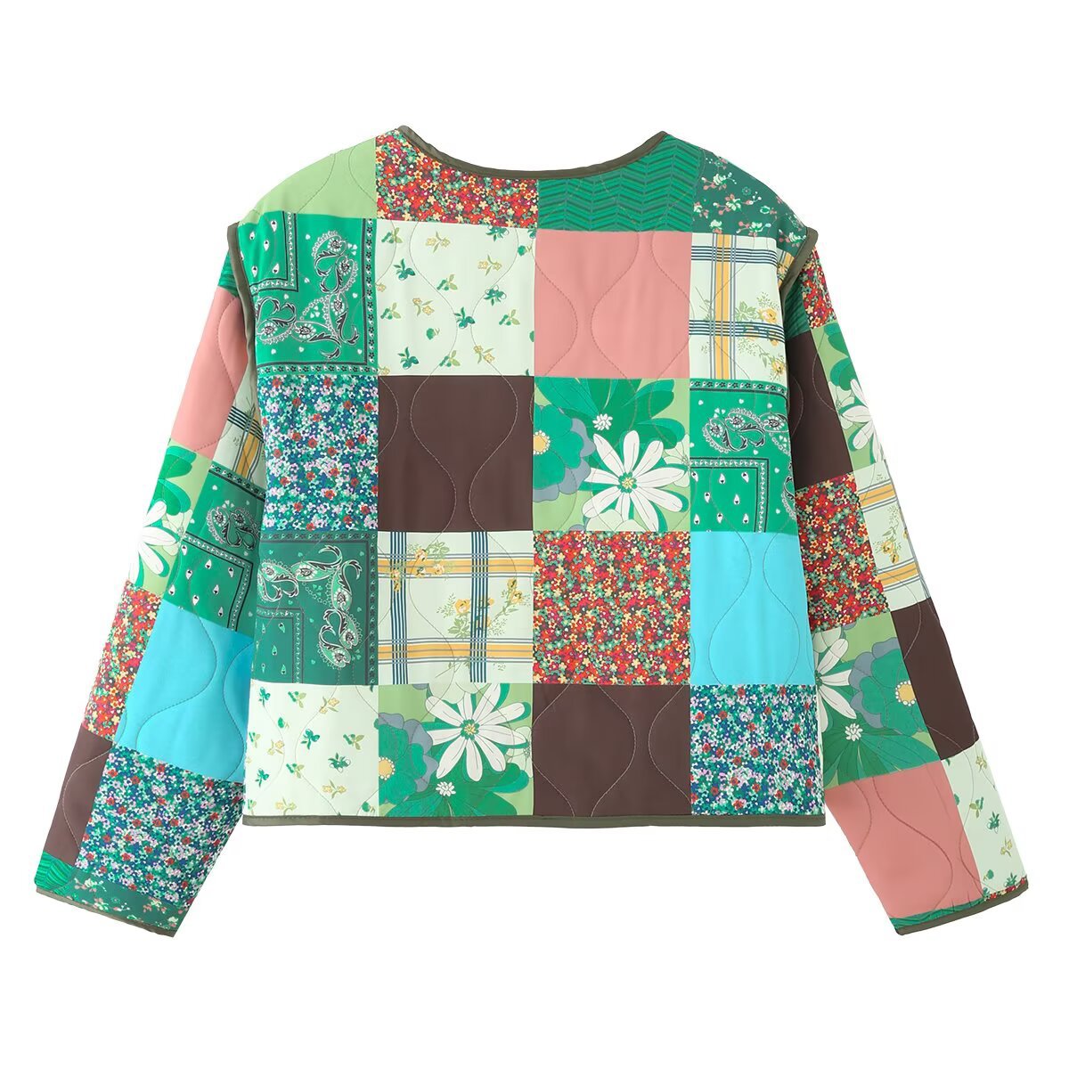 Yara | Quilted Jacket Green Patchwork Zip Up Lightweight Long Sleeve